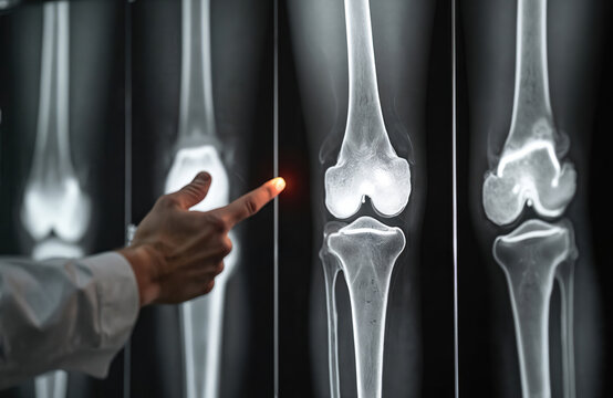 Doctor examines knee joint x-ray. Medical pro points out area with potential pathology. Possible issues like fracture, joint destruction osteoarthritis noted. Diagnostic imaging shows problem