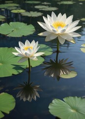 Serene white lotus blossom in clear pond water, nymphaea alba, aquatic flower, water reflection, garden pond, peaceful scene