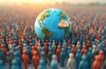 Global population concept illustrated by miniature figures surrounding globe. World population day theme highlights global demographics, trends. Humanity connected, united across continents.