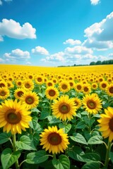 Fototapeta premium Vast sunflower field under a vibrant blue sky, floral background, floral, background
