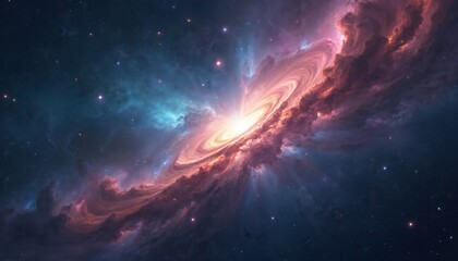 Fototapeta premium Vast colourful nebula swirls in deep space. Vibrant cosmic clouds, stars create impressive interstellar scene. Galaxy cluster shows celestial beauty. Astounding cosmic display. Cosmic wonders,
