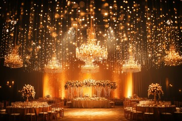 Elegant wedding reception hall, golden lighting, chandelier decor, ballroom event