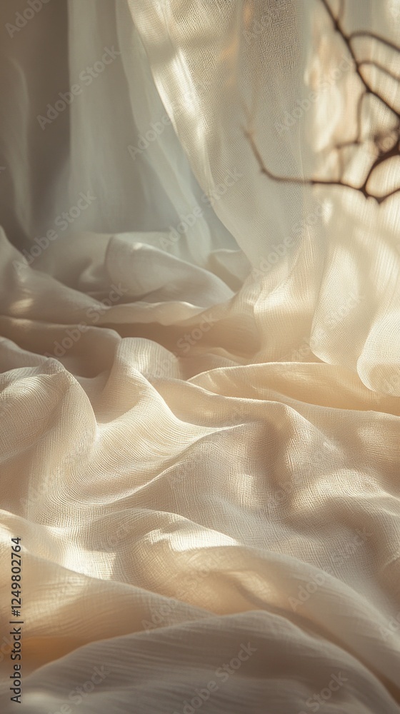 Poster striped white sheets lay unmade as morning light fills the room, casting soft shadows that enhance t