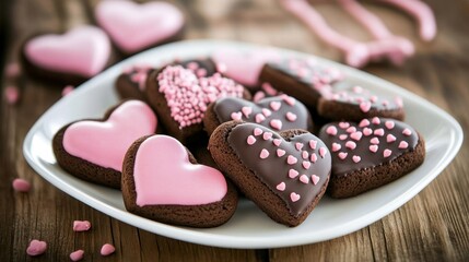 A plate of delicious chocolate-dipped heart-shaped cookies decorated with pink icing.