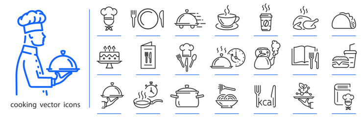 cooking icons, kitchen icon set, chef concept simple symbols, linear vector illustration, outline editable stroke