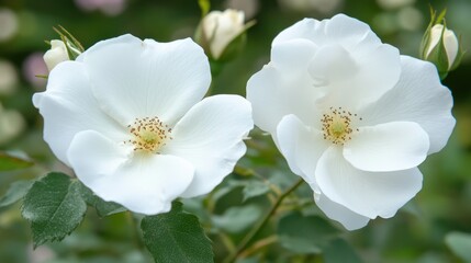 Obraz premium Macro shot of delicate white roses with a soft pink bokeh effect.