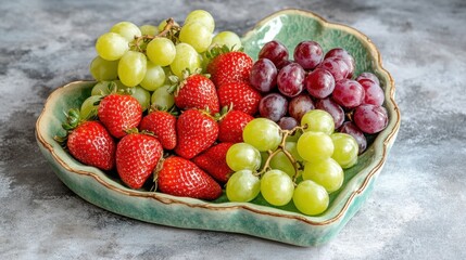 A romantic fruit platter in a heart-shaped dish with strawberries and grapes.