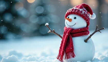 Snowman with bright red scarf wrapped around his neck, holiday, frosty, red