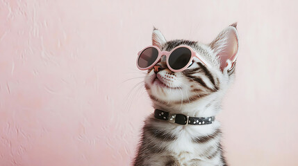 A cat wearing sunglasses and a collar is smiling