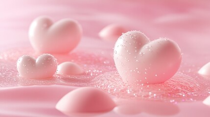 Obraz premium Modern D hearts in soft pastel tones floating on a glowing pink surface.