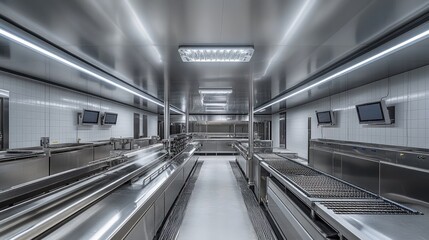 Naklejka premium Modern food processing plant with AI-powered quality control systems.