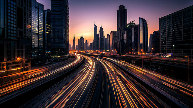 A city street at night with a lot of traffic and tall buildings
