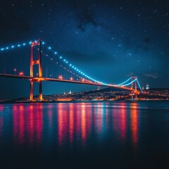 Obraz premium Istanbul Bosphorus Bridge at Night, Starry Sky Reflection (1)