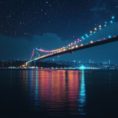 Istanbul Bosphorus Bridge at Night, Starry Sky Reflection