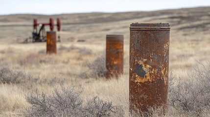 An abandoned oil drilling site in a desert with rusting machinery, cracked soil, and a modern bright tone, evoking desolation, environmental impact, and the passage of time