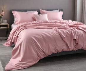 Soft pink bed linen draped elegantly over a gray bed , bedding, gray, draped fabric
