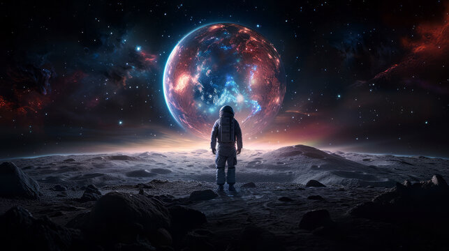 Astronaut on Alien Planet: A lone astronaut stands on an alien planet, gazing at a colossal, vibrant, and otherworldly planet in the distance, under a breathtaking starry sky.