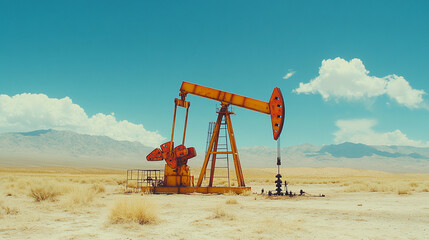 An abandoned oil drilling site in a desert with rusting machinery, cracked soil, and a modern bright tone, evoking desolation, environmental impact, and the passage of time