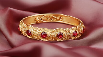 Obraz premium Royal gold and ruby bracelet with exquisite craftsmanship, placed on a silk cloth.