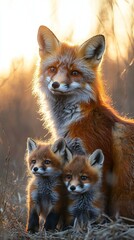 HD Phone Wallpaper Majestic Red Fox Vixen with Two Adorable Kits at Sunset in Wildlife Habitat