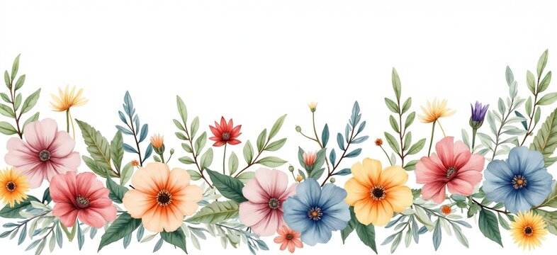 Watercolor illustration displays colorful seamless border. Floral arrangement features various wildflowers, leaves in pastel shades. Botanical design suitable for wedding invitations birthday cards.