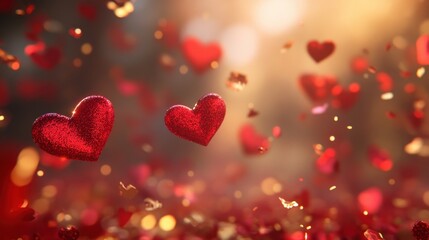 Obraz premium Festive Valentine's background with floating heart-shaped confetti and golden dust.