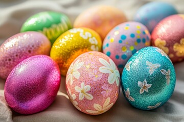 Colorful glittered Easter eggs highlighting spring festivities with a variety of designs including floral patterns and polka dots showcased on a light fabric backdrop