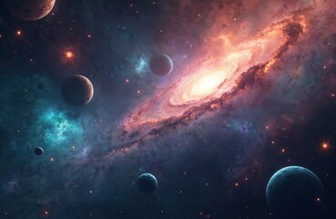 Vast panorama space galaxy scene vibrant nebulae, galaxies. Many planets orbit distant stars in deep universe. Colorful cosmic dust, glowing plasma create stunning 3D illustration. Intense colors