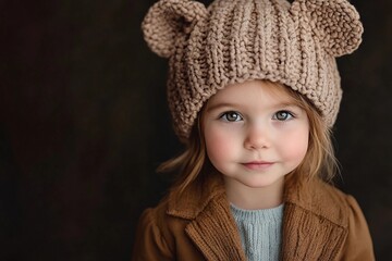 Child wearing a knitted hat with bear ears poses sweetly indoors