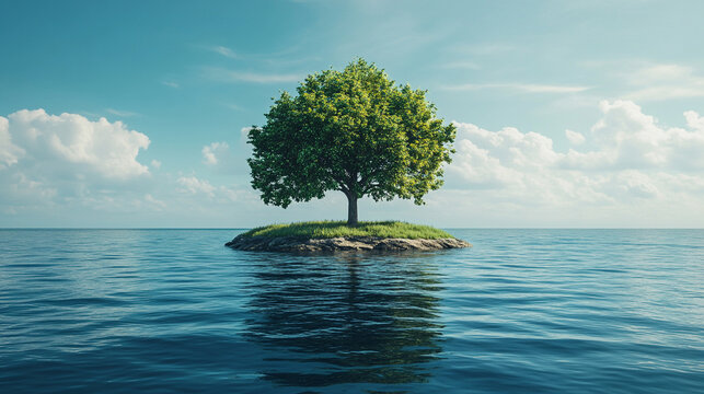 A serene island with a single green tree stands alone in a vast ocean, symbolizing isolation and resilience, with a blurred, empty background evoking modern minimalism.

