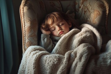 Child peacefully sleeping in a cozy chair wrapped in a soft blanket during a quiet afternoon