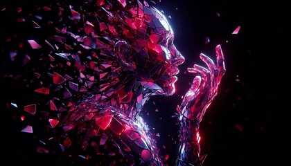 A fractured figure, composed of vibrant shards of crimson and violet, evokes a sense of fragmented beauty.