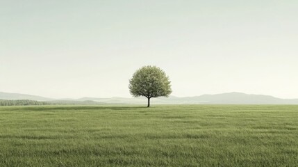 Solitary tree in vast green field, misty mountains background; nature serenity