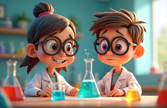 Two cartoon students in lab coat, goggles explore chemistry. Look attentively at flask with bubbling liquid. Animated characters in classroom lab environment. Seem enthusiastic, curious about science
