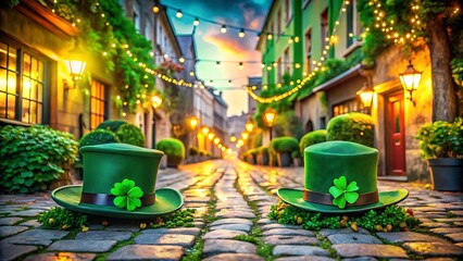 Magical St. Patrick’s Day Street Scene with Leprechaun Hats, Clovers, Fairy Lights, and Irish Buildings