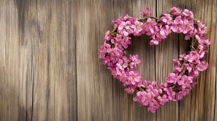 Fototapeta premium Valentine's background with a subtle floral heart wreath on a rustic wooden board.