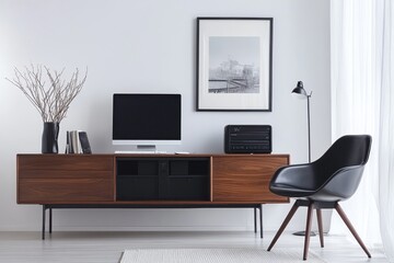 Modern minimalist home office with wooden console, computer, chair, and artwork.