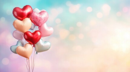 Valentine's Day background featuring heart-shaped balloons floating on a pastel sky.