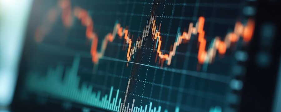 Digital display shows financial market data trends. Graph displays stock market fluctuations. Tech dashboard shows investment insights. Investors use data on monitor. Analysis of market movements