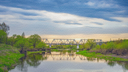 Fototapeta premium Bridge spans a river with a green forest in the background