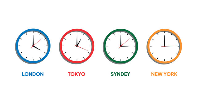 Colorful clock with different time zone. Time in london, tokyo, sydney, and new york. Flat style vector illustration