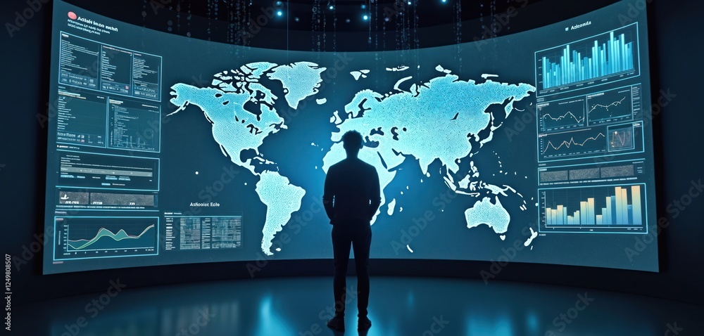 Poster man contemplates global data on giant screen. modern tech displays data analysis of worldwide inform