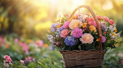 Vintage-style floral bouquet in a rustic basket with warm golden lighting.