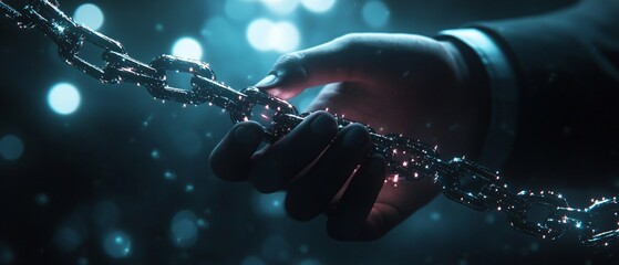 Businessman Holding Blockchain and Big Data Global Network Reflecting on Modern Data Processing and Technology