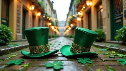 St. Patrick’s Day Magical Scene with Cobblestones, Green Leprechaun Hats, Clovers, and Glowing Fairy Lights