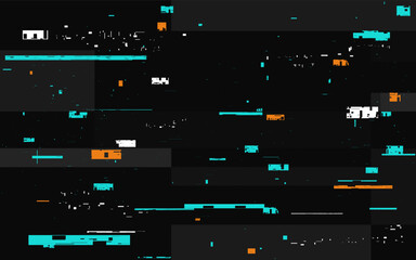 Glitch color distortions. Abstract random shapes and pixels. Cyberpunk texture with bright lines and forms. Bad digital video template. Vector illustration.