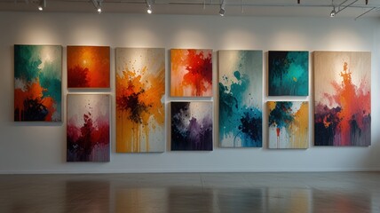 A collection of abstract paintings arranged on a wall in a bright studio