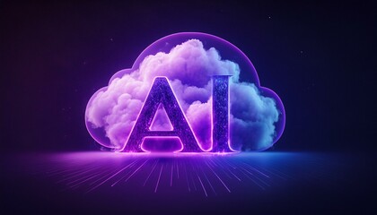 Futuristic AI Illustration with Neon Glow and Purple Data Cloud. AI letters on it.