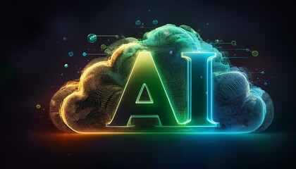 Futuristic AI Illustration with Neon Glow and green and blue Data Cloud. AI letters on it.