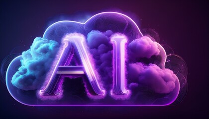 Futuristic AI Illustration with Neon Glow and Purple Data Cloud. AI letters on it.